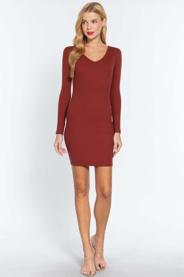 Long Slv V-neck Mini Rib Dress