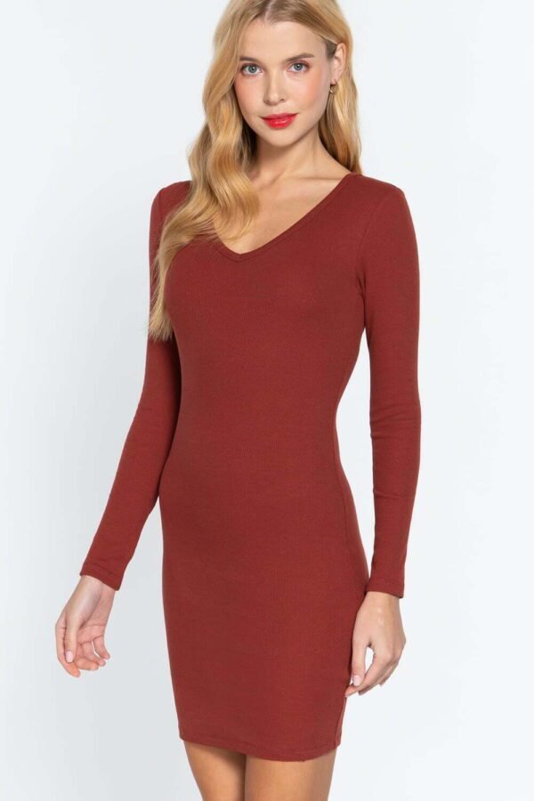 Long Slv V-neck Mini Rib Dress