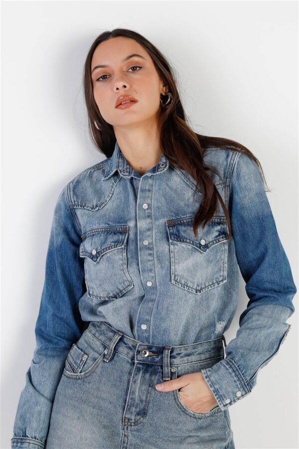 Light Denim Cotton Button Up Long Shirt & Mini Skirt Set