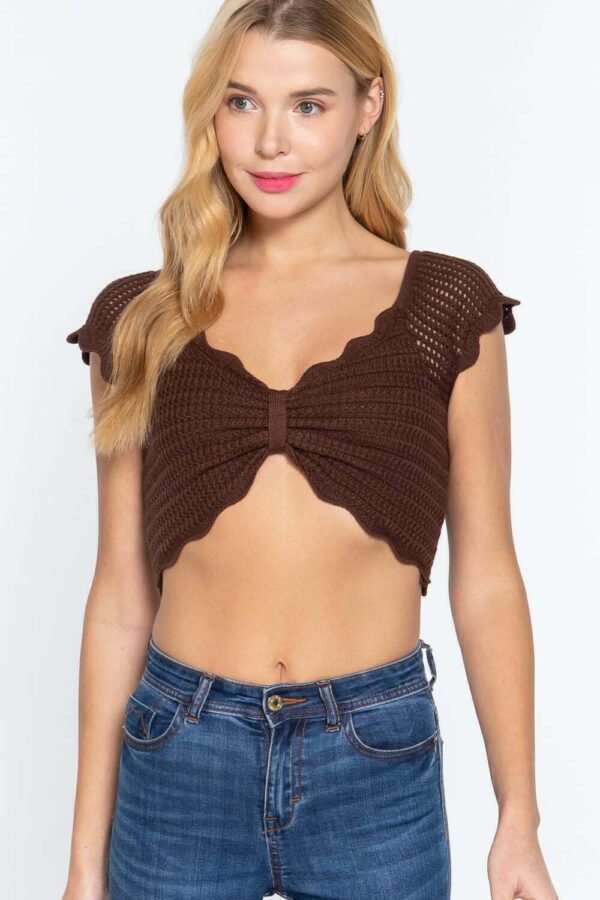 Short Sleeve V-neck Front Knot Detail Sweater Knit Crop Top