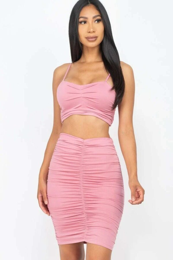 Ruched Crop Top And Skirt Sets