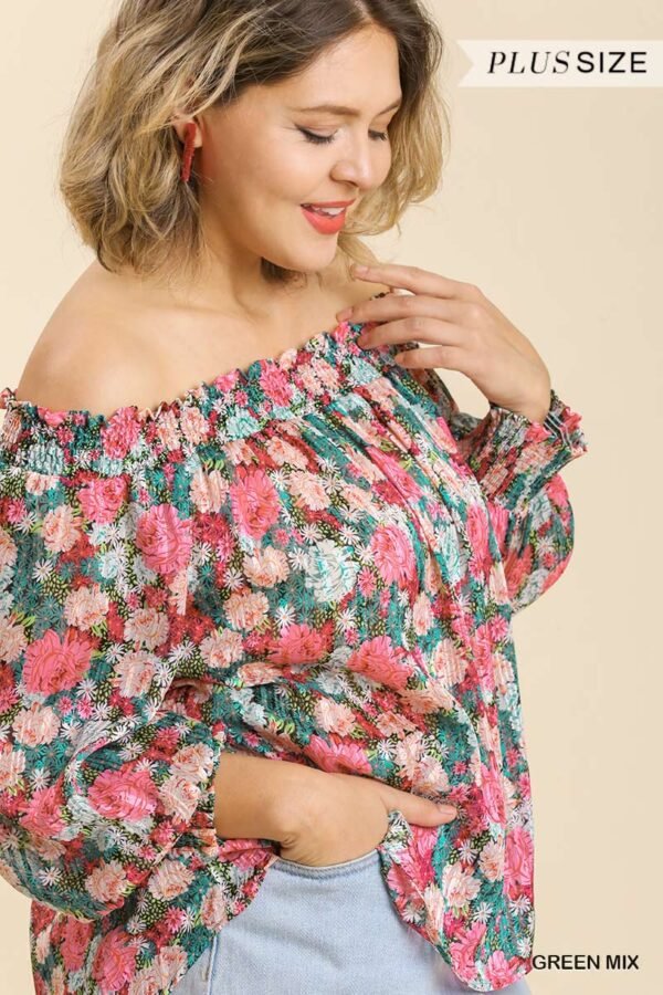 Sheer Floral Print Metallic Threading Long Sleeve Off Shoulder Top With High...