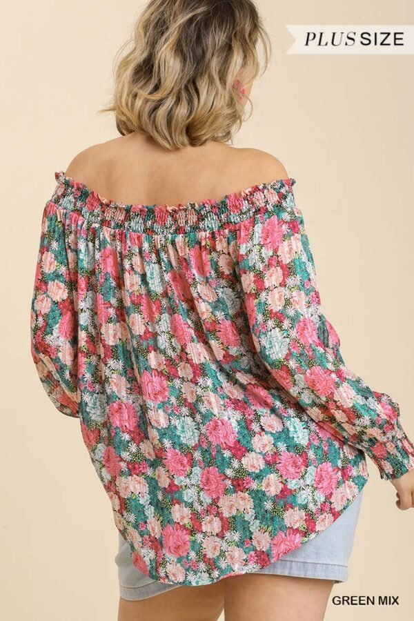 Sheer Floral Print Metallic Threading Long Sleeve Off Shoulder Top With High...