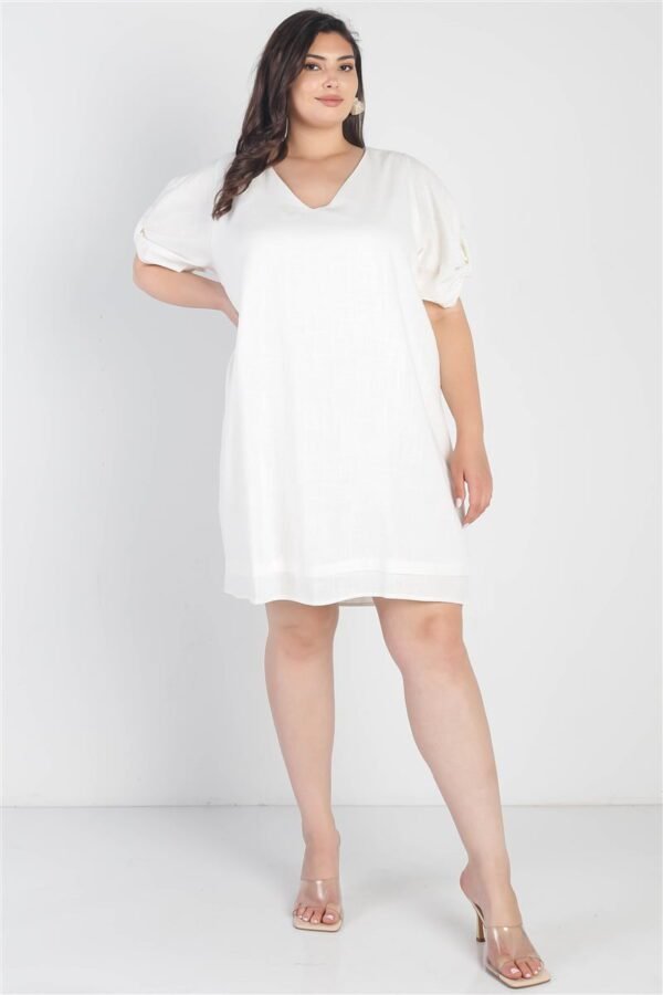 Plus White Bow Detail Short Sleeve V-neck Mini Dress