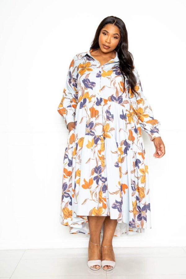 Printed Tierd Shirt Dress With Puff Sleeves