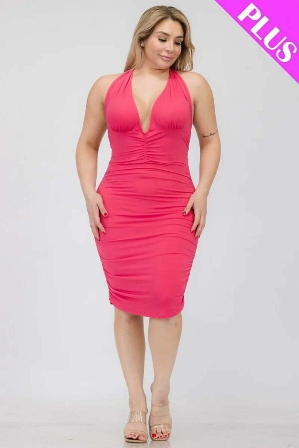 Plus Plunging Neck Crisscross Back Ruched Bodycon Mini Dress