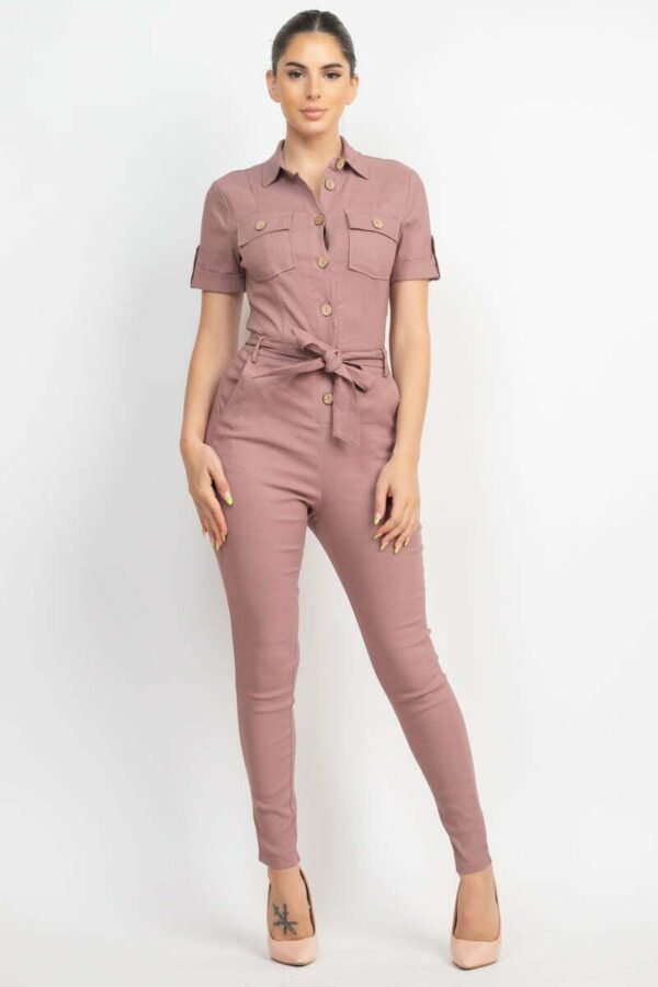 Collared Waist-tie Buttoned Jumpsuit