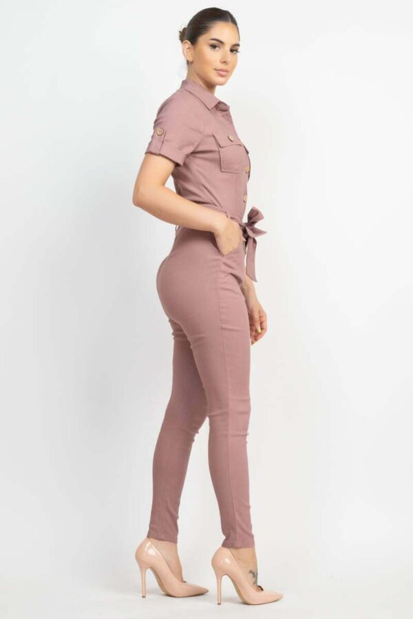 Collared Waist-tie Buttoned Jumpsuit