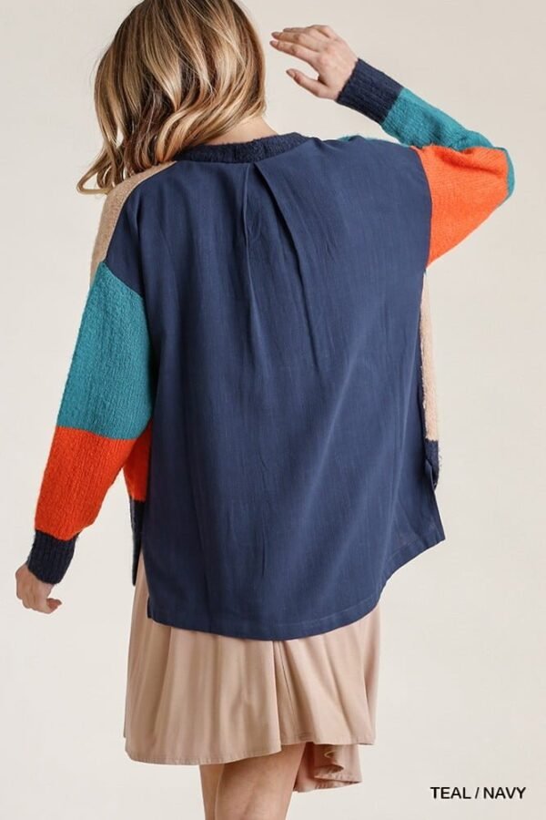 Colorblock Contrasted Cotton Fabric On Back Top With Side Slits And High Low...