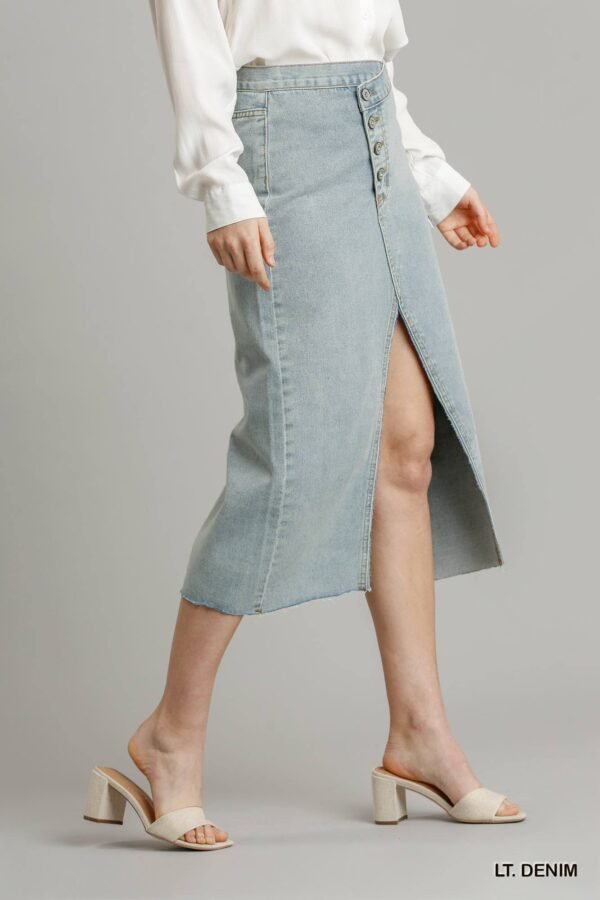 Asymmetrical Waist And Button Up Front Split Denim Skirt With Back Pockets A...