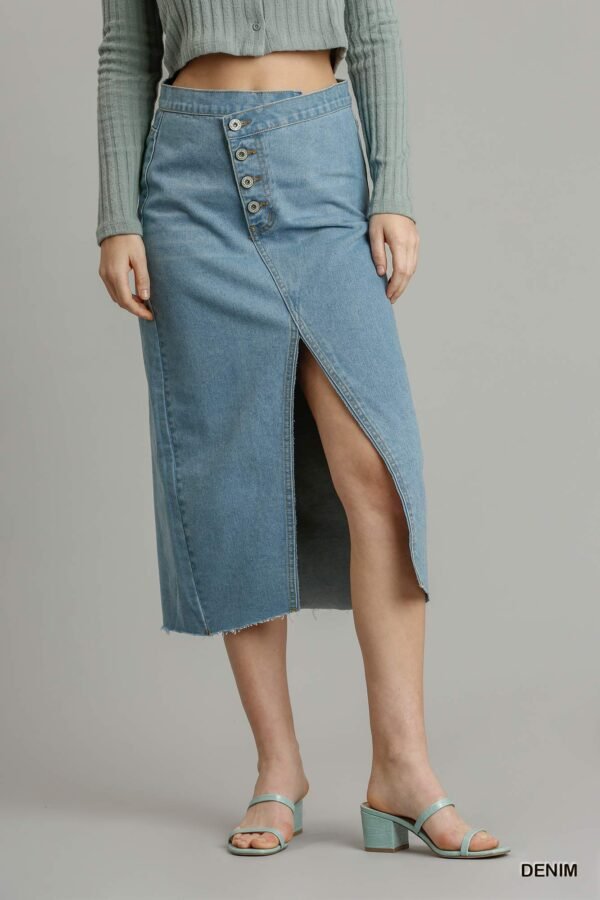 Asymmetrical Waist And Button Up Front Split Denim Skirt With Back Pockets A...