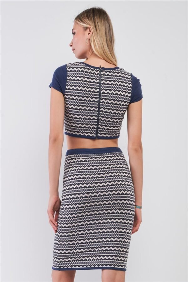 Navy & White Geometrical Pattern Short Sleeve Crop Top & High-waisted Pencil...