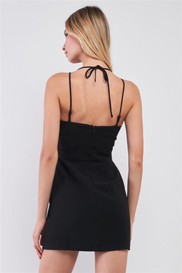 Black Slim Fit Sleeveless V-neck Front Corset Inspired Tie-up Detail Cocktai...