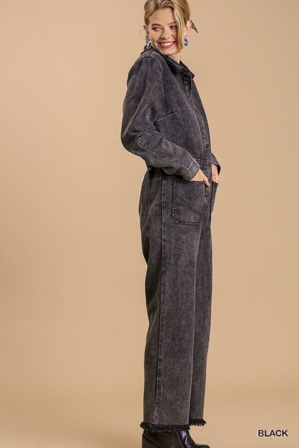 Mid button down stone wash wide leg distressed jumpsuit & side pockets with ...