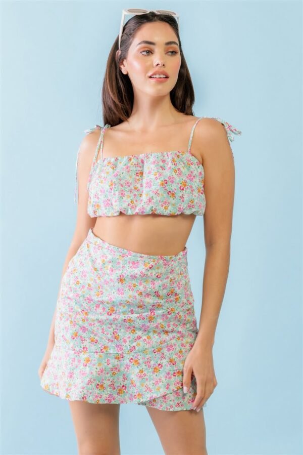 Mint Fuchsia Print Cotton Sleeveless Strappy Crop Top & High Waist Wrap Hem ...