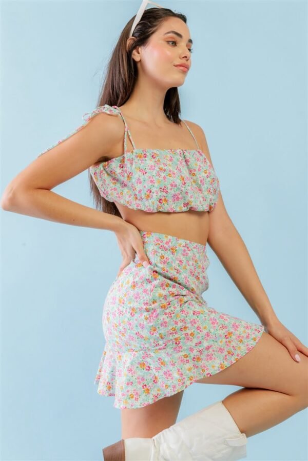 Mint Fuchsia Print Cotton Sleeveless Strappy Crop Top & High Waist Wrap Hem ...