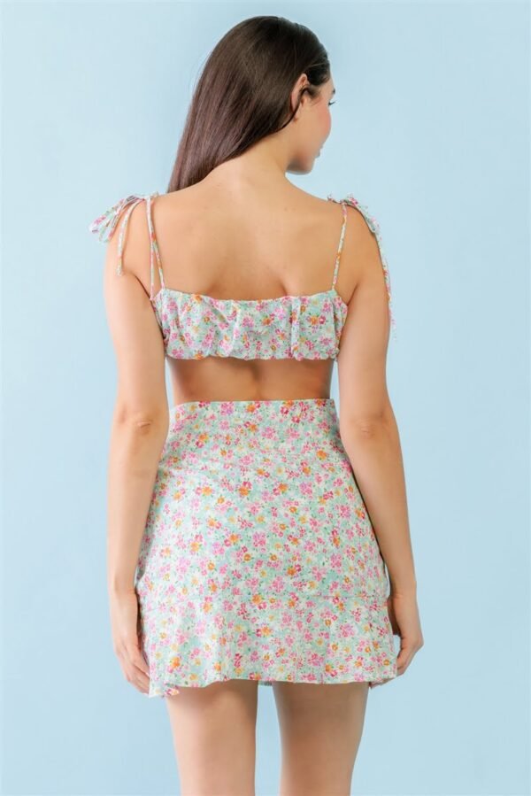 Mint Fuchsia Print Cotton Sleeveless Strappy Crop Top & High Waist Wrap Hem ...