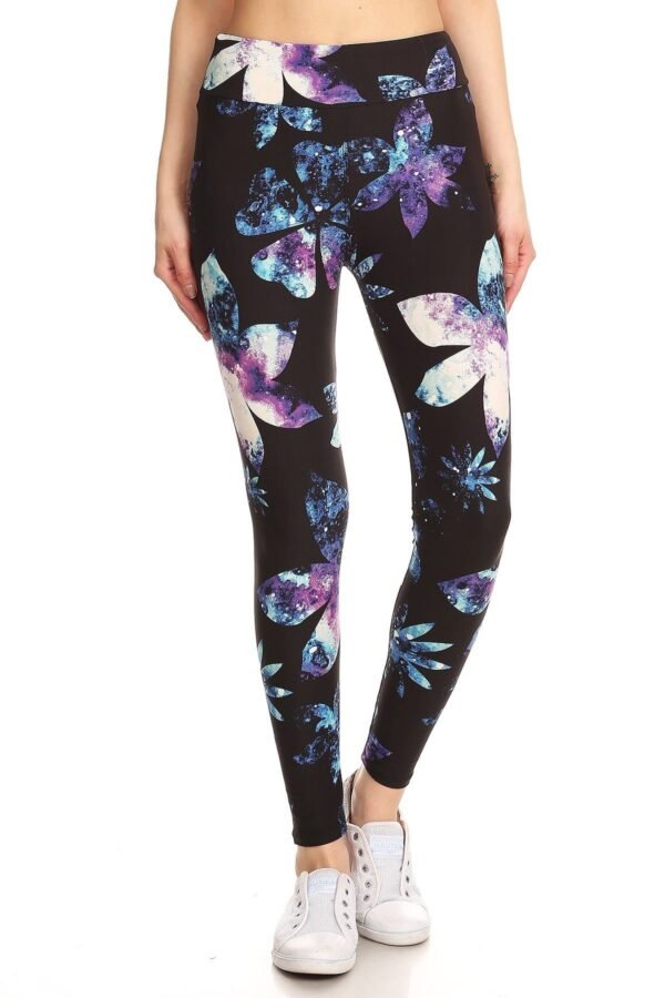 Yoga Style Banded Lined Galaxy Silhouette Floral Print, Full Length Leggings