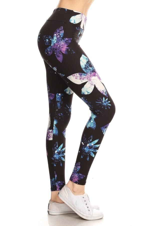 Yoga Style Banded Lined Galaxy Silhouette Floral Print, Full Length Leggings