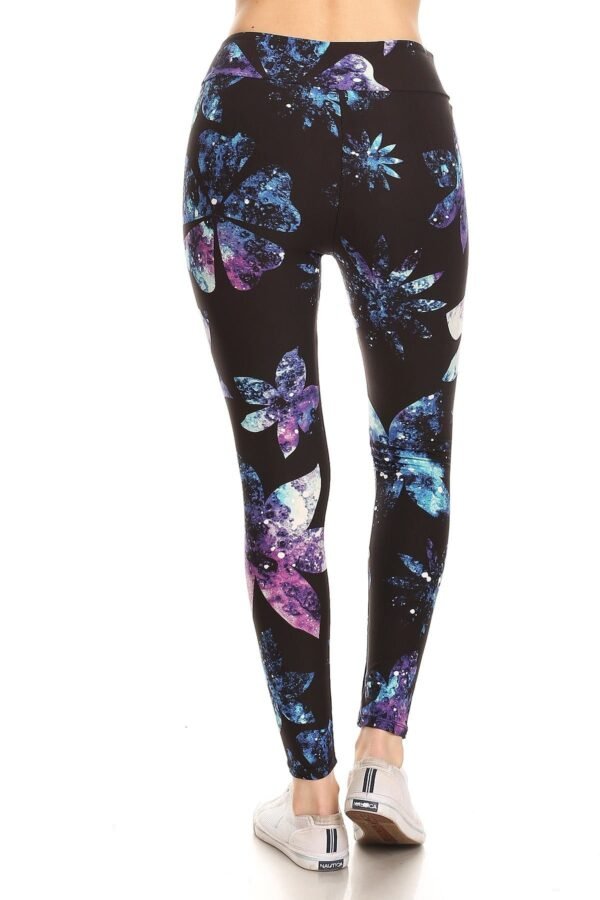 Yoga Style Banded Lined Galaxy Silhouette Floral Print, Full Length Leggings