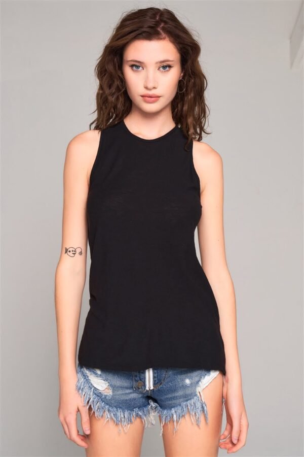 Sleeveless Crew Neck Cut-out Back Detail Longline Tunic Top