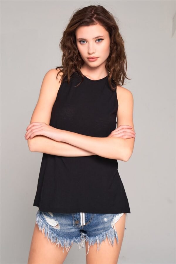 Sleeveless Crew Neck Cut-out Back Detail Longline Tunic Top