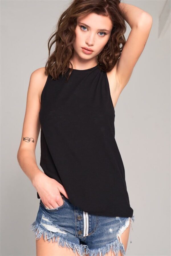 Sleeveless Crew Neck Cut-out Back Detail Longline Tunic Top