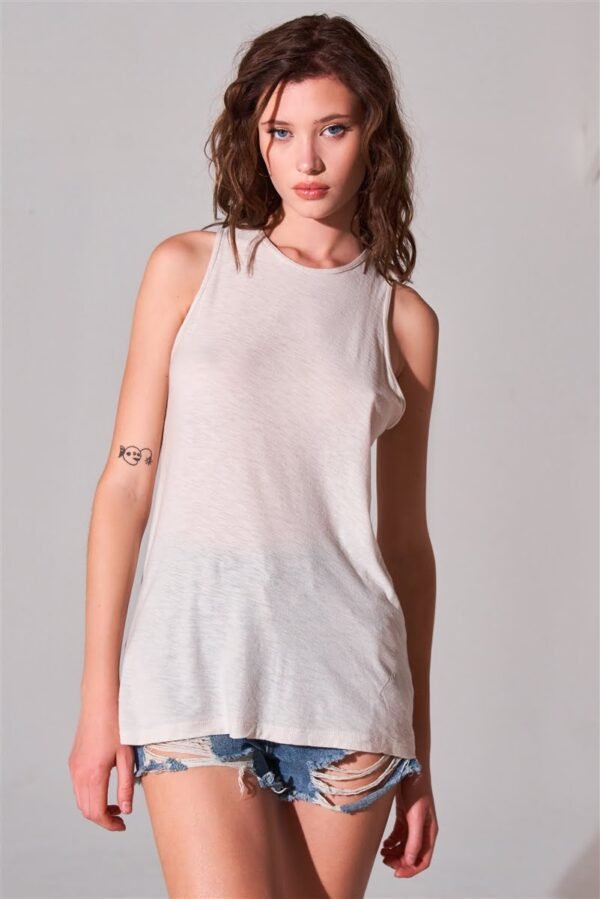 Sleeveless Crew Neck Cut-out Back Detail Longline Tunic Top