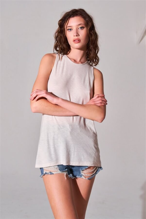 Sleeveless Crew Neck Cut-out Back Detail Longline Tunic Top