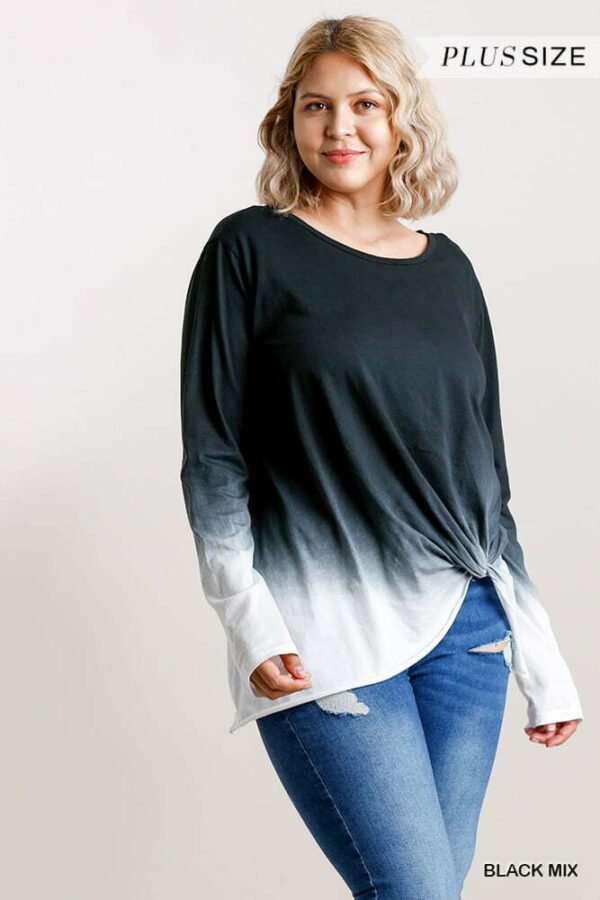 Ombre Print Long Sleeve Top With Gathered Front Detail And Raw Hem